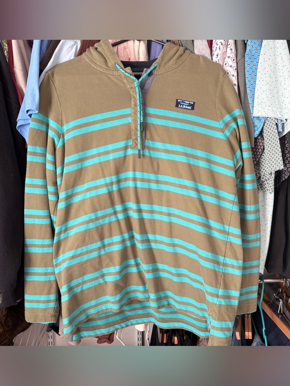 L.L. Bean Striped Half-Zip Hoodie - Teal & Olive Green
